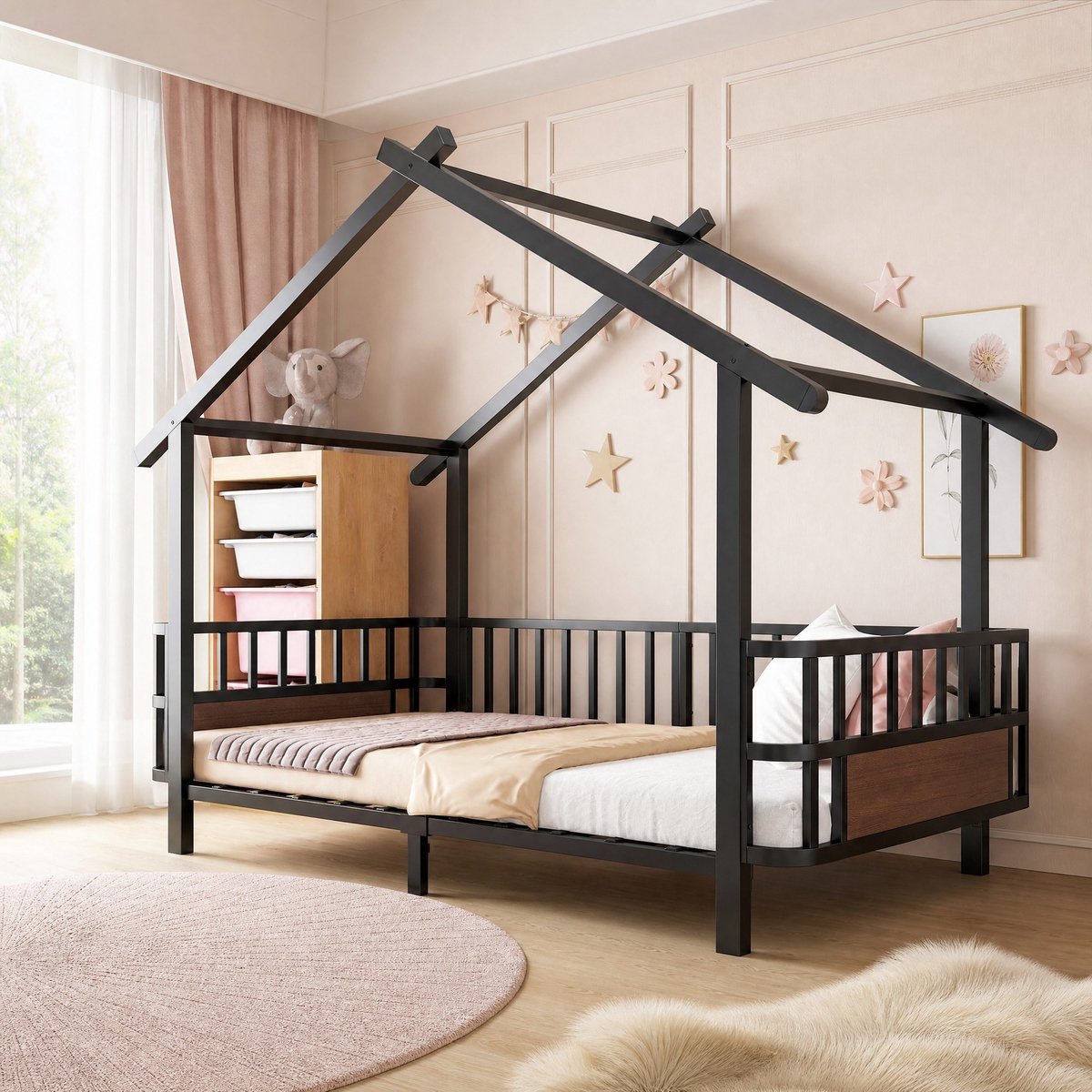 Kinderbed - Huisvormig Met Dakdesign En Veiligheidsrek - 90 x 200 cm - Metaal - Zwart - Voor Kinderkamer