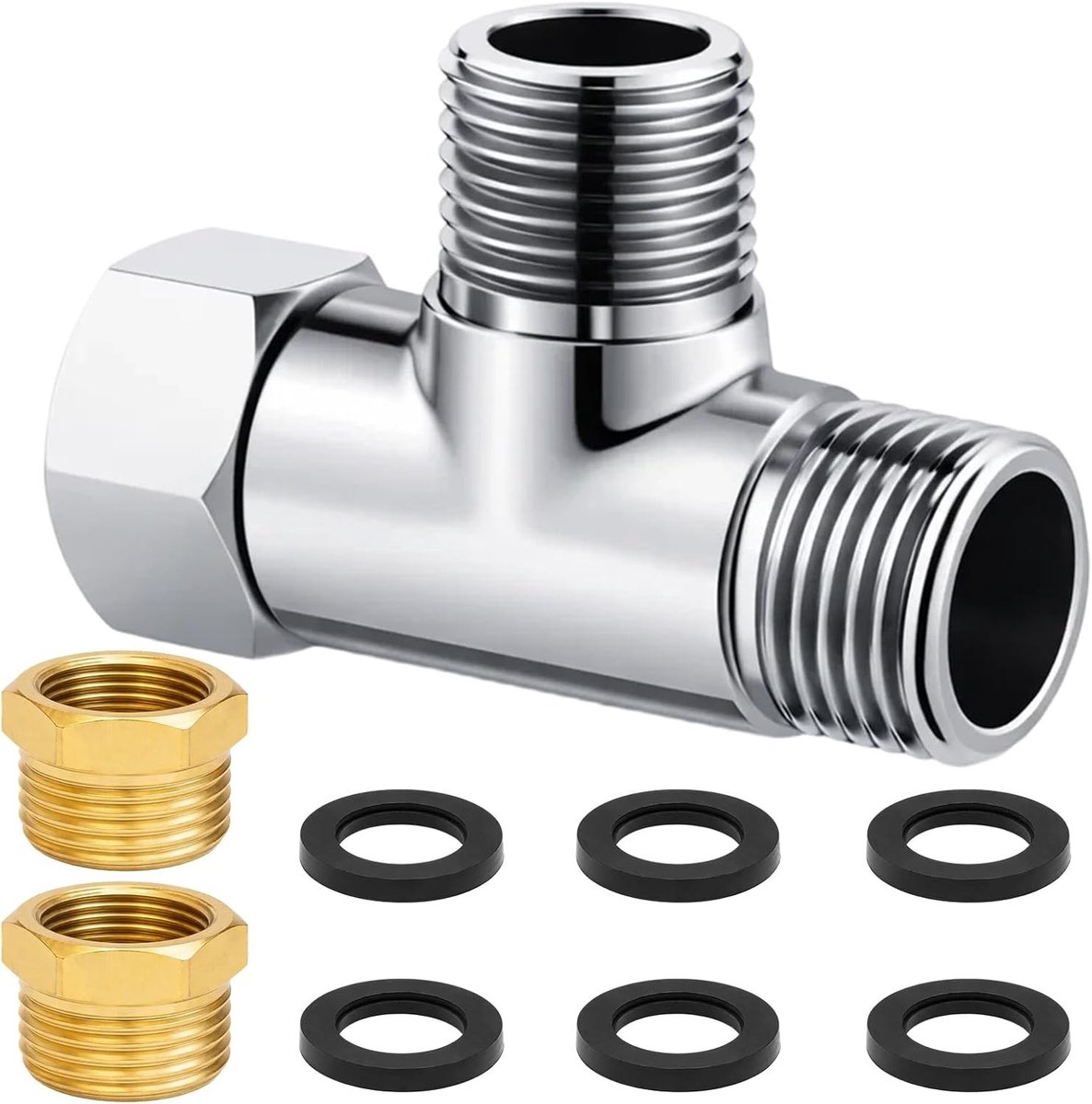 T-stuk Set voor Waterverbinding – 1/2 Inch T-Distributor met 2 Reducers 1/2 Inch naar 3/8 Inch, 6 Seals en Hoekventiel voor Toilet en Wasmachine, Roestvrij Messing
