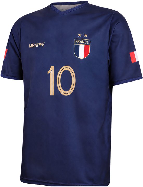 Maillot de football bleu marine avec 'MBAPPE' et '10' dorés. Ecusson français floqué avec étoiles.