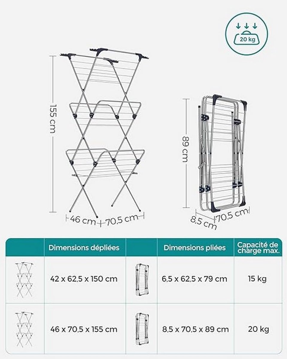 SONGMICS Opvouwbare kledingdroger, wasrek, wasrek, stalen frame, 46 x 70,5 x 155 cm, 20 m droogruimte, binnen en buiten, grijs