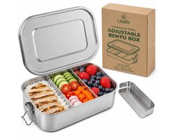 Litalife Roestvrijstalen Lunchbox 1200ml - RVS Bento Box met Verstelbare Verdelers - Lekdichte Broodtrommel Volwassenen & Kinderen - Vaatwasserbestendig