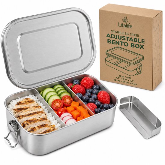Boîte bento en acier inoxydable avec poulet, riz, légumes, fruits et un séparateur réglable.