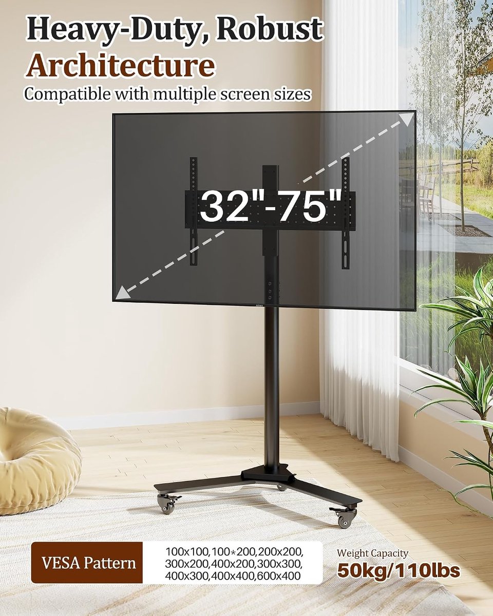Verstelbare TV standaard met wielen voor 32-75 inch televisies, draaibaar en tot 50 kg, VESA 600x400 mm, ideaal voor woonkamer en kantoor