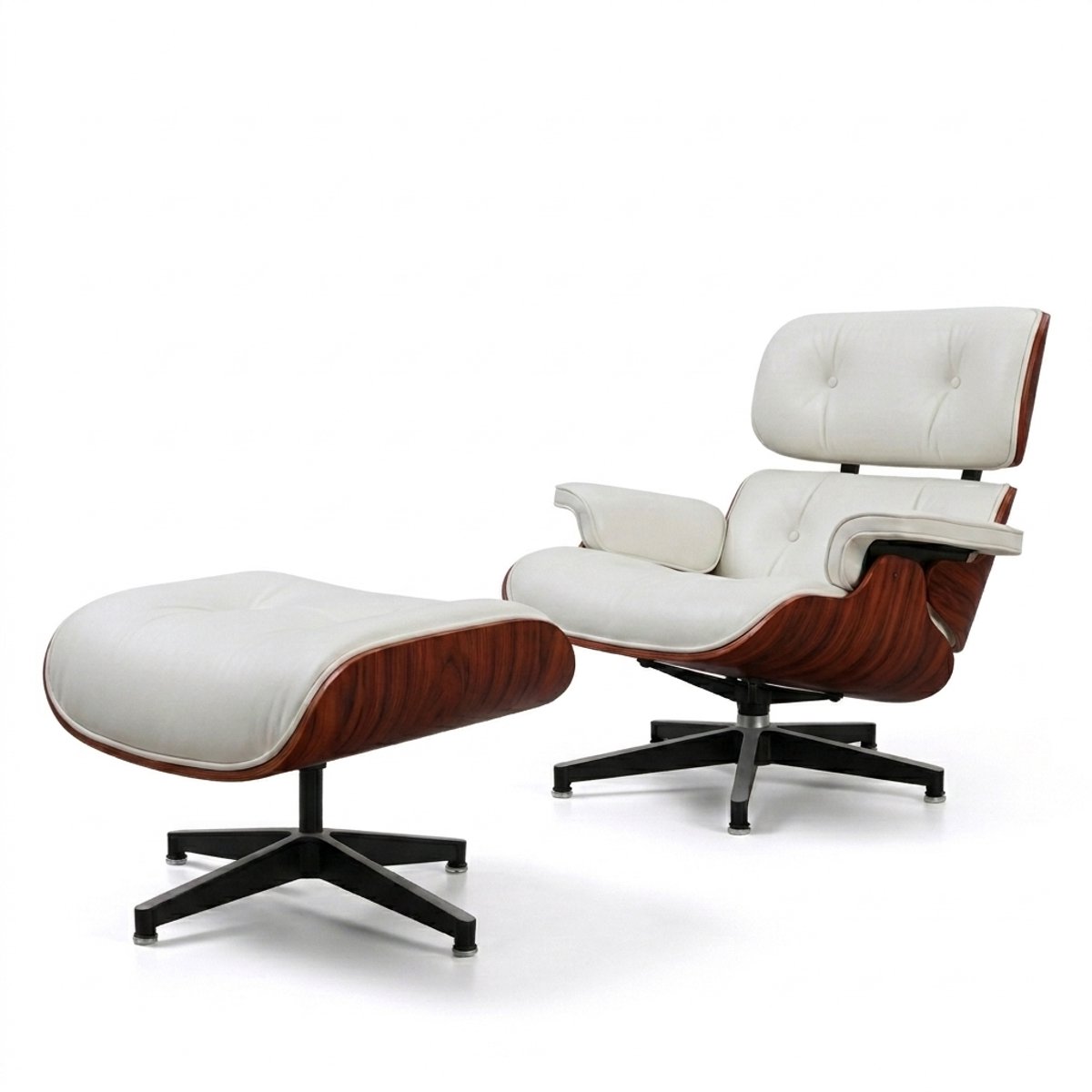 Loungestoel met Voetenbank - Chaise Longue Fauteuil - Relaxstoel met Ottomane - Echt Leer Wit - Palissander Houten Poten - Ergonomisch Design - Woonkamer Slaapkamer - Mid Century Modern Stijl