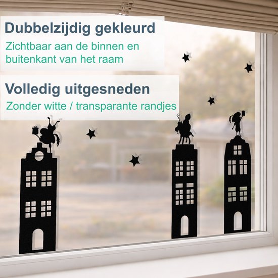 Zwarte Sinterklaas raamstickers van huisjes met Pieten. Dubbelzijdig gekleurd en volledig uitgesneden.