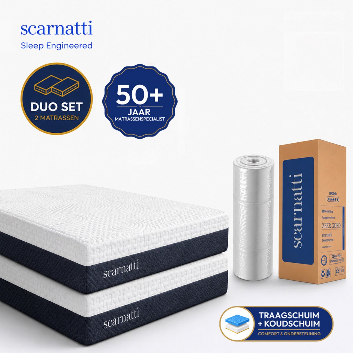SCARNATTI Unique Duo-Pack 2 Matrassen 90x200 - Traagschuim & Koudschuim - 7 Zones - Drukverlagend Wit
