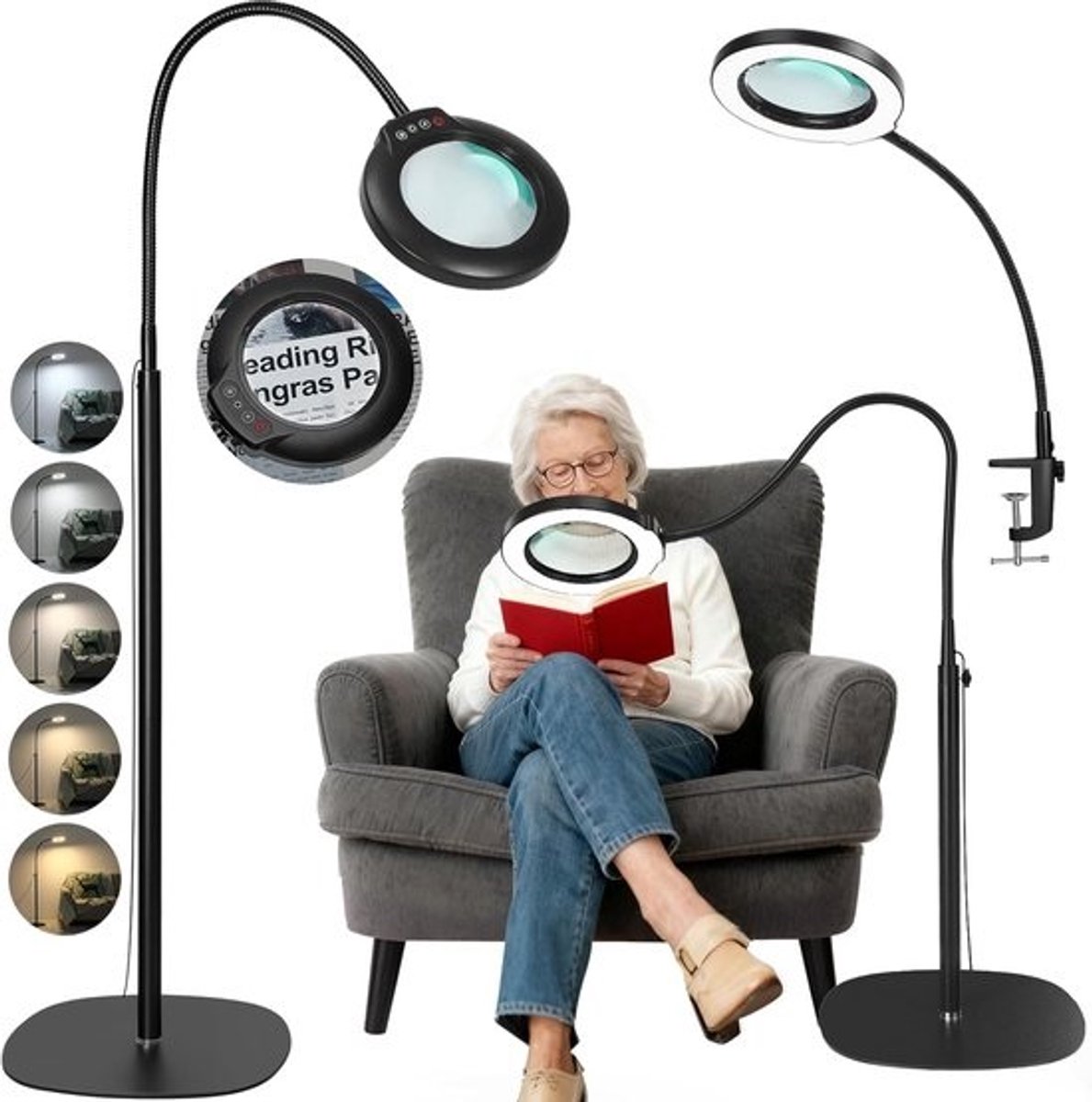 Vloerlamp met vergroting - Verstelbare leeslamp - Gedetailleerd lezen - Ingebouwde loep - 15 meter hoog - Zwart