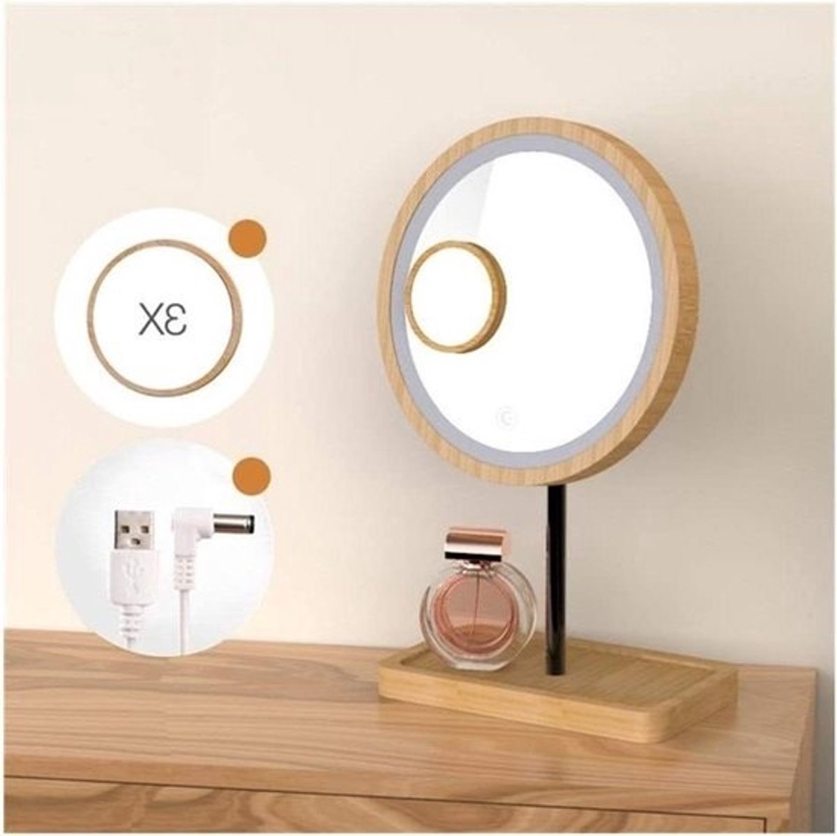 Verlichte Make-up Spiegel - Houten Tafelspiegel - Dagelijkse Verfraaiing - Touchscreen Bediening - 500 Gram - Houtkleur