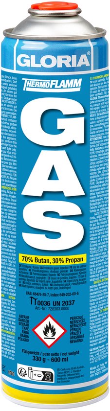 Blauwe gasfles "GLORIA THERMOFLAMM GAS" met gele en witte letters, 70% butaan, 30% propaan.