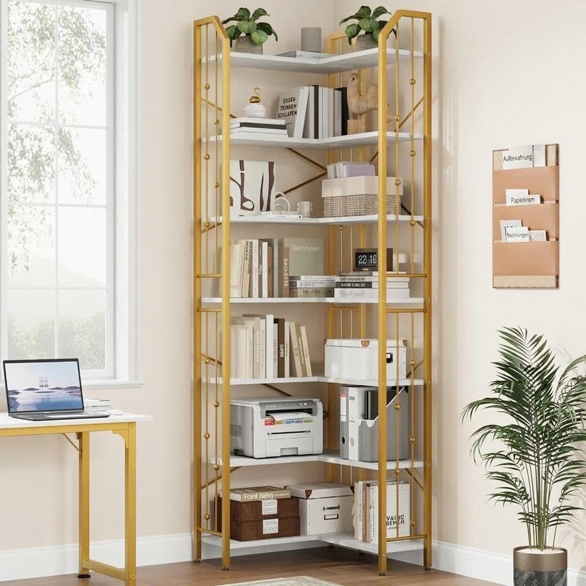 Hoekkast L-vorm - Boekenkast met 7 Niveaus - 219 cm Hoog - Industrieel & Modern Design - Wit met Gouden Reliëf - 63 x 63 cm