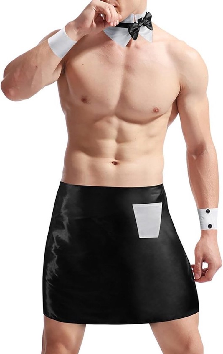 Sexy Kelner Outfit Kostuum Set met Kraag, Vlinderdas, Manchetten en Kort Schort voor Heren