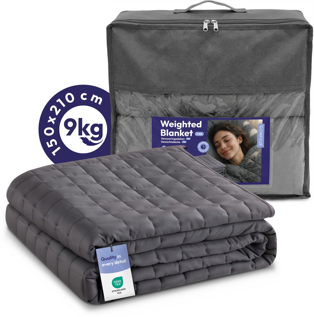 Comfeur Verzwaringsdeken 9 kg – 150x210 cm – Weighted Blanket – Zwaartedeken voor Volwassenen – Verzwaarde Deken OEKO-TEX - 4 Seizoenen – Grijs