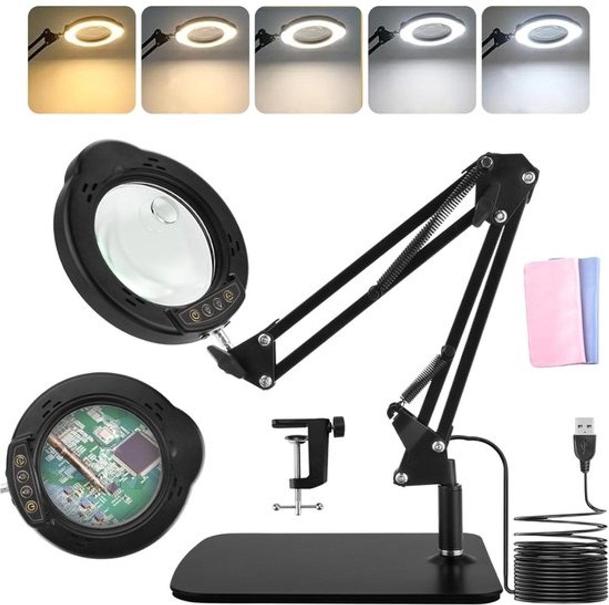 Loeplamp met LED Verlichting - Tafellamp Slaapkamer - Bureaulamp Dimbaar - Leeslamp - Vergrotingslamp