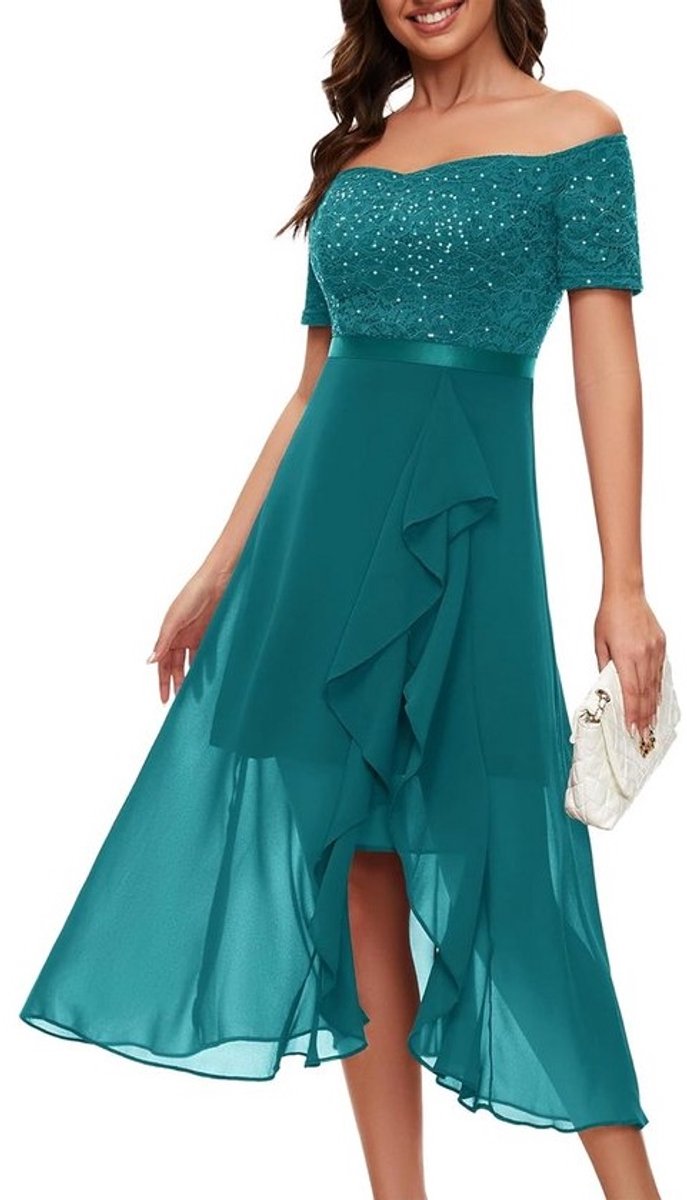 Lange glitter jurk met off-shoulder hals