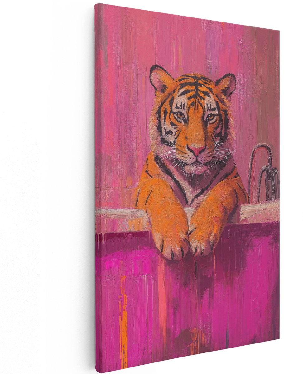 Artaza Canvas Schilderij Tijger - 120x180 cm - Groot - Wanddecoratie Dieren - Muurdecoratie Badkamer - Schilderijen Op Canvas Roze