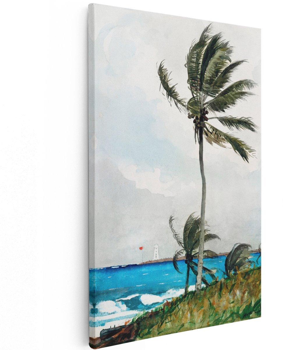 Artaza Canvas Schilderij Tropische Kust - 120x180 cm - Groot - Wanddecoratie Palmboom Zee - Muurdecoratie Vuurtoren Strand - Decoratie Winslow Homer