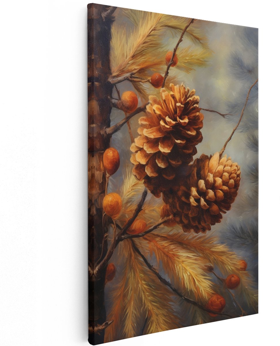 Artaza Canvas Schilderij Dennenappels - 120x180 cm - Groot - Wanddecoratie Natuur - Muurdecoratie Olieverf - Decoratie Bessen Dennentak
