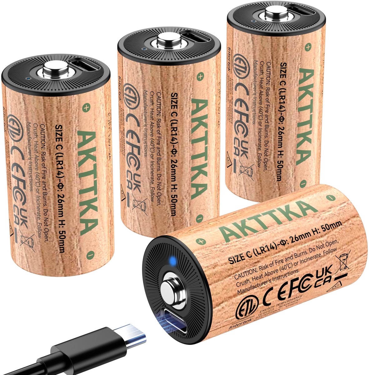Set van 4 oplaadbare C-batterijen / LR14 – 7200 mWh, 1,5 V Lithium met USB-C-kabel, Lage zelfontlading, voor - ShopVlot