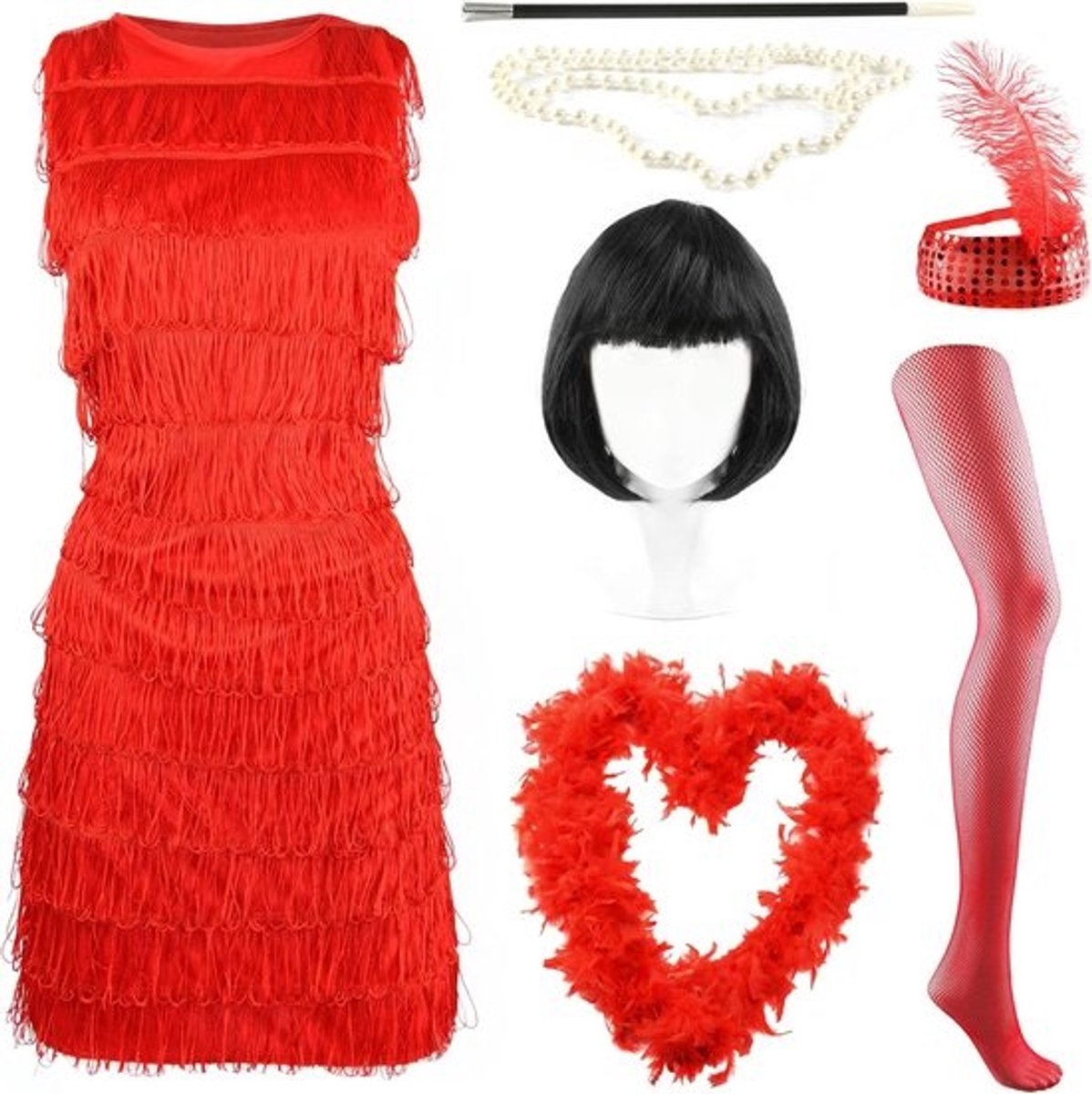 Dames Flapper Jurk Kostuum Rood - Met Accessoires
