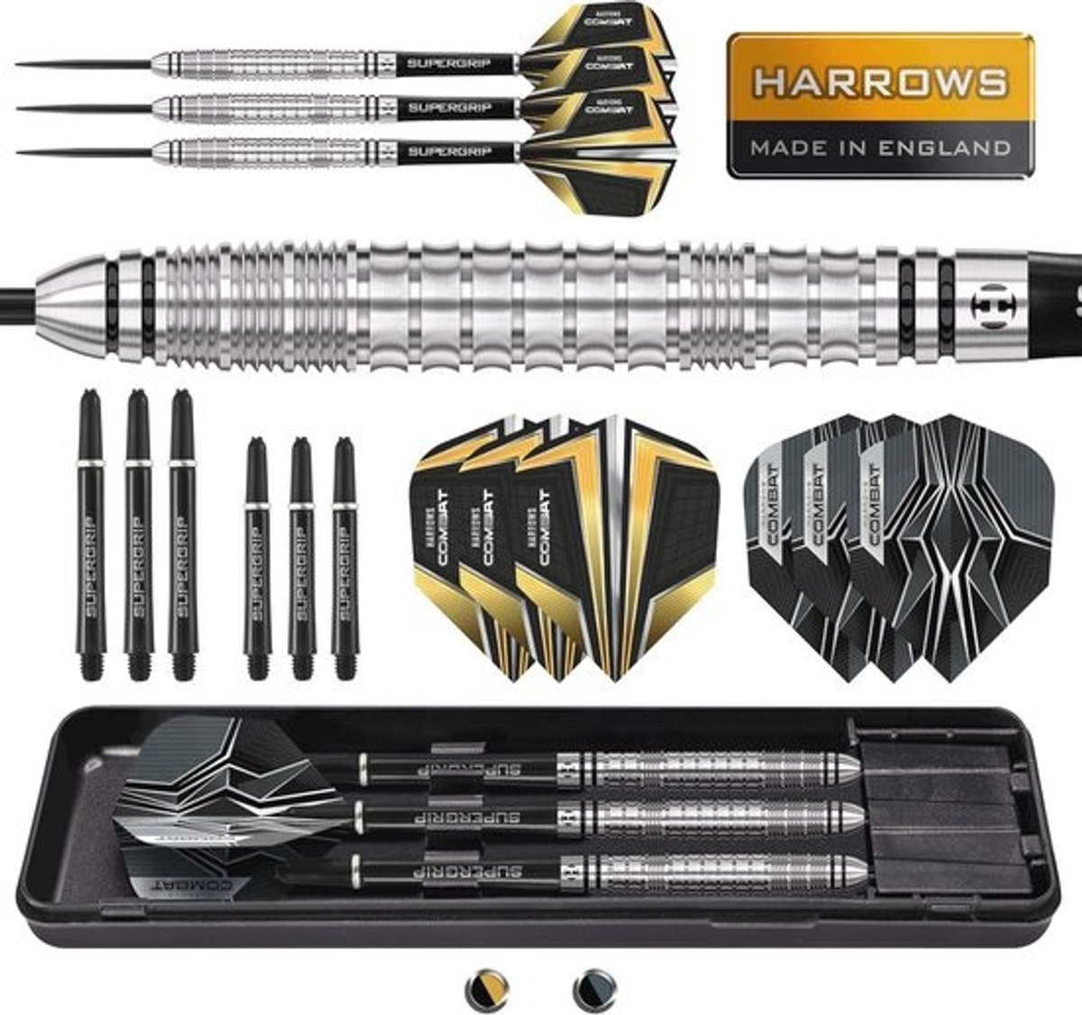 Combat 90% Tungsten Steel Tip Dartsset - 17-delige Bundel met Reserveschachten, Prime Flights en Reiskoffer - Alle Gewichten Beschikbaar van 21g tot 30g