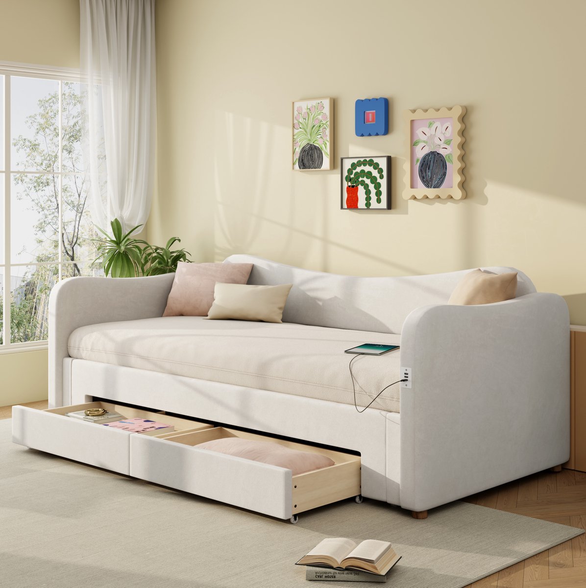 REDOM - Slaapbank - Uittrekbaar - Met 2 opberglades en USB-aansluiting - Stof - Behoorlijk ontwerp - Slaapkamer - Beige - 216 x 99 x 80 cm
