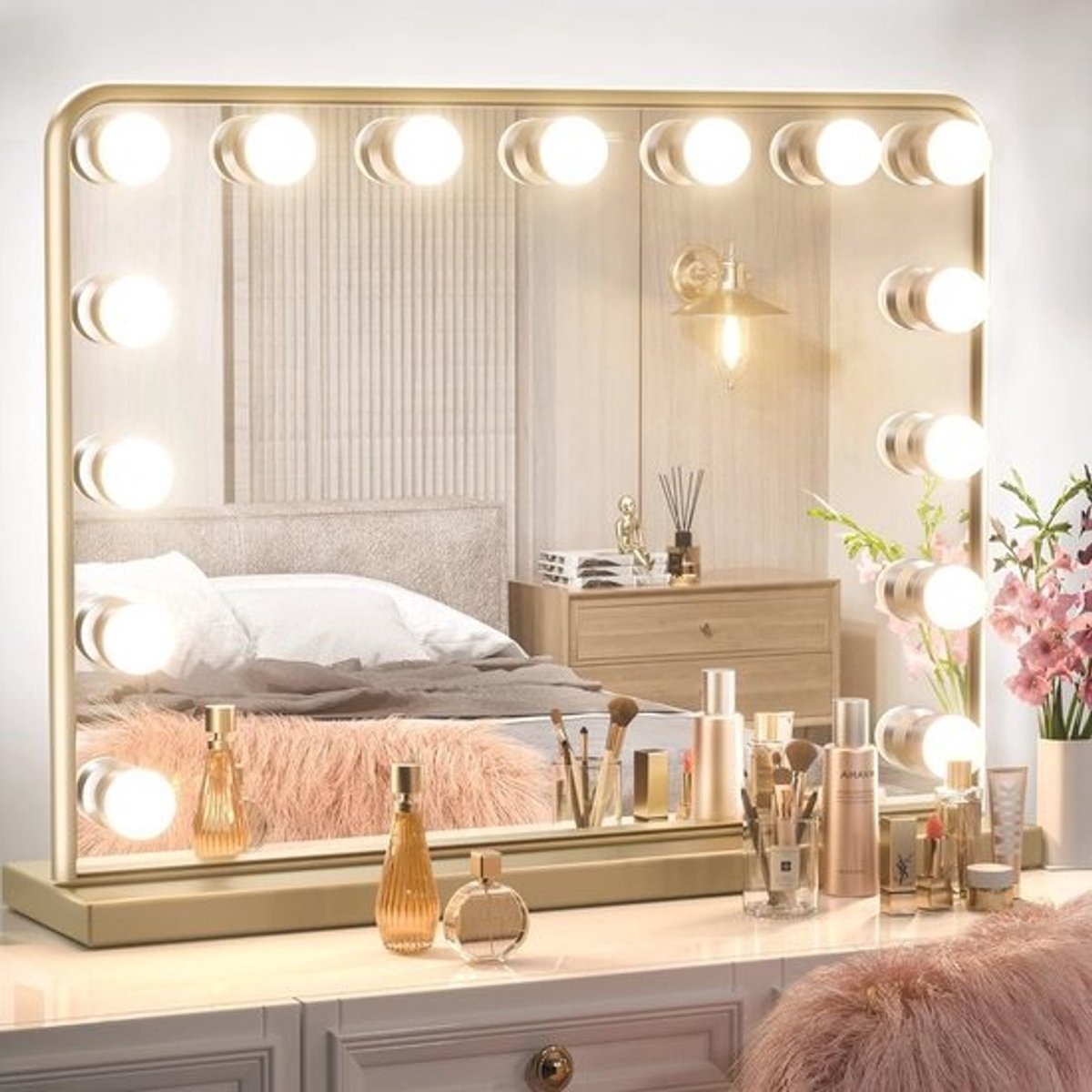 Gouden Make-upspiegel met Verlichting en 15 Vervangbare Lampen – Hollywoodstijl – Dimbare LED-lampen met 3 Kleurinstellingen – Met USB-oplaadpoort – 58,4 x 45,7 cm