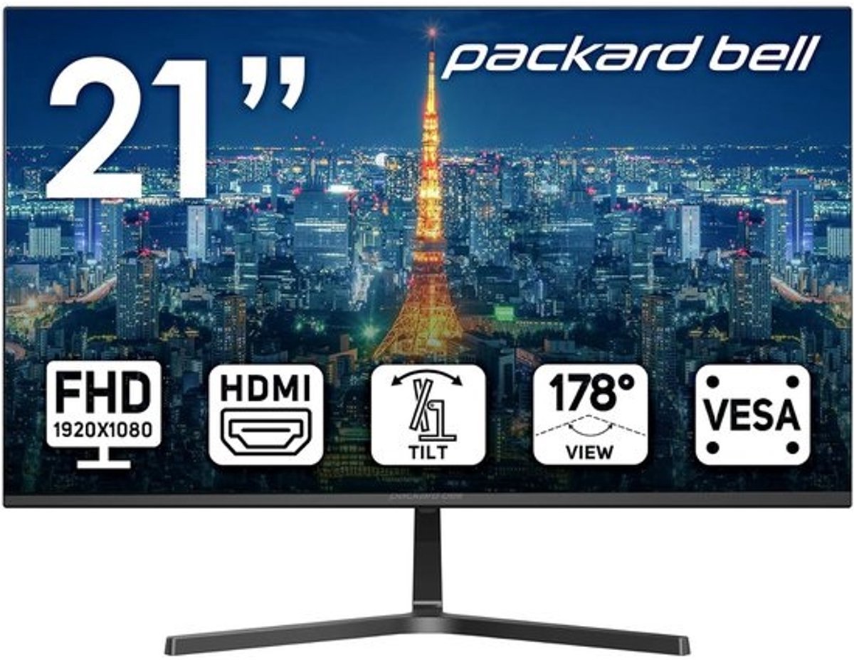 21 inch FHD monitor 1920 x 1080, 75 Hertz, ultrabreed met kantelaanpassing, VGA en HDMI input voor gaming en werk