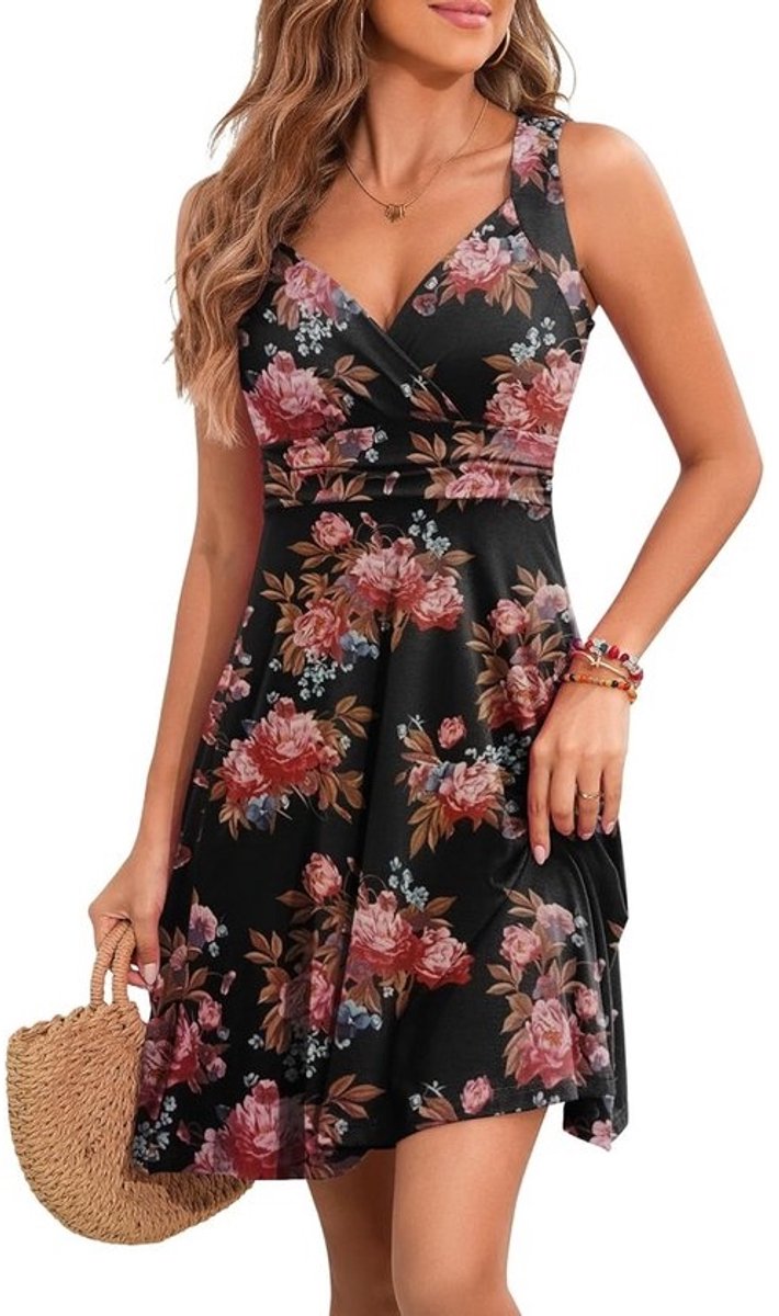Dames Zomerjurk Midi met V-hals, Mouwloos Bloemenpatroon - Ideaal voor het Strand