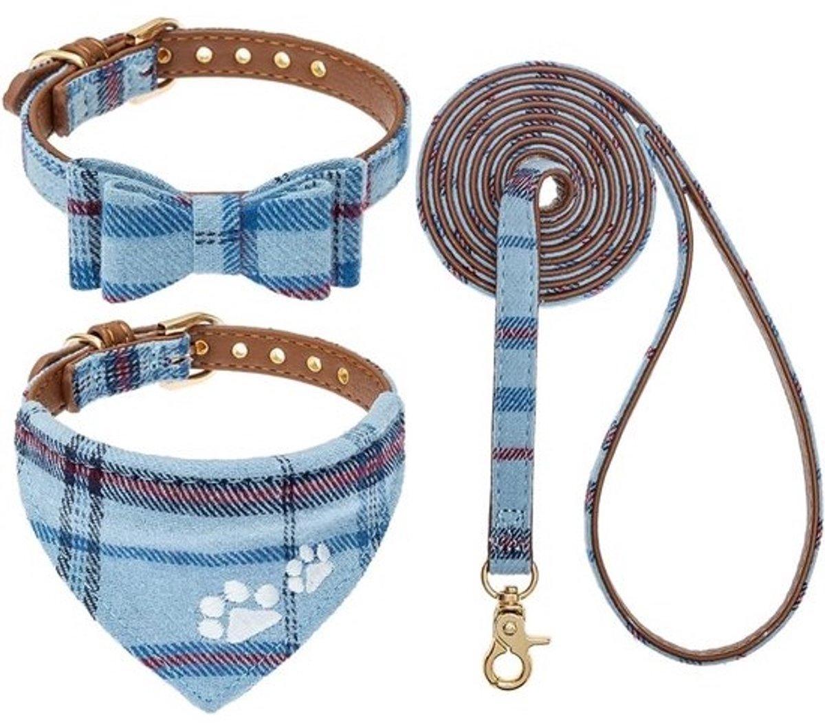 Puppyhalsband en lijnset met geborduurde pootafdrukken en geruite ontwerpen voor honden en katten