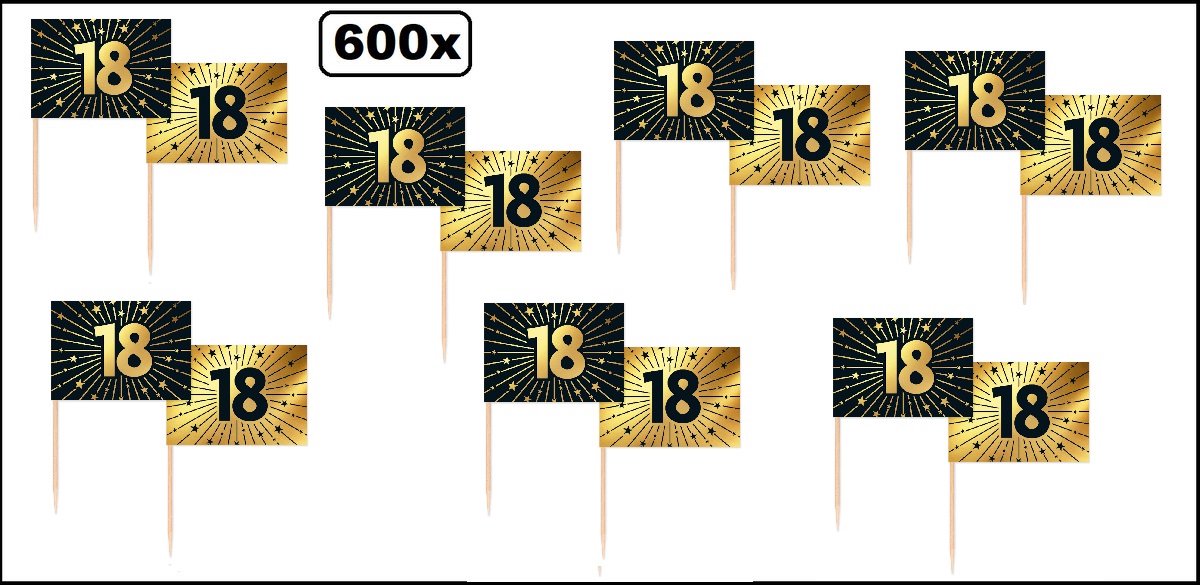 600 stuks Luxe Cocktailprikkers 18 jaar goud/zwart - Vlag prikker Jubileum verjaardag thema feest bruiloft cocktail prikker