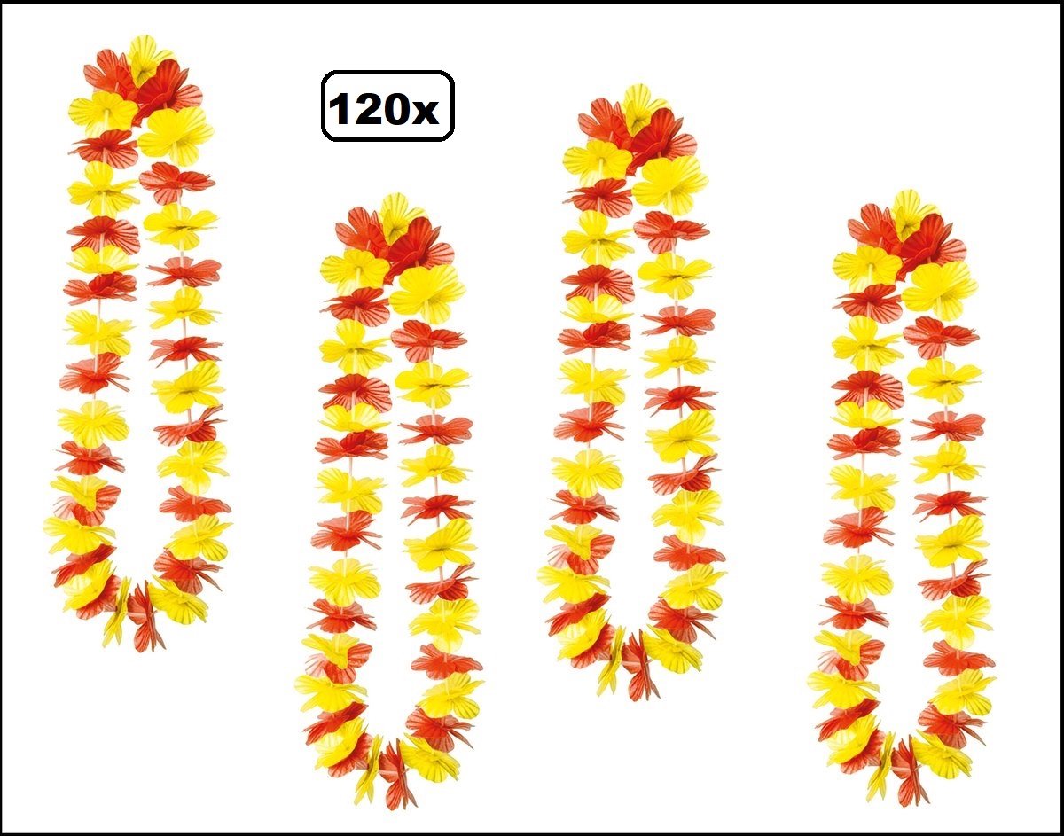 120 stuks Hawai slinger rood/geel - bloemenkrans - Thema feest hawaii krans huwelijk Spanje