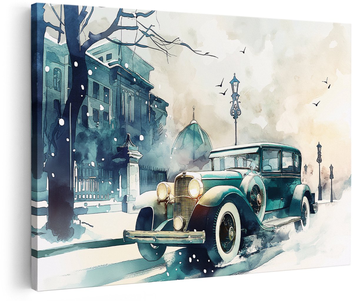 Artaza Canvas Schilderij Klassieke Auto - 150x100 cm - Groot - Wanddecoratie Vintage - Muurdecoratie Winter - Decoratie Aquarel Woonkamer