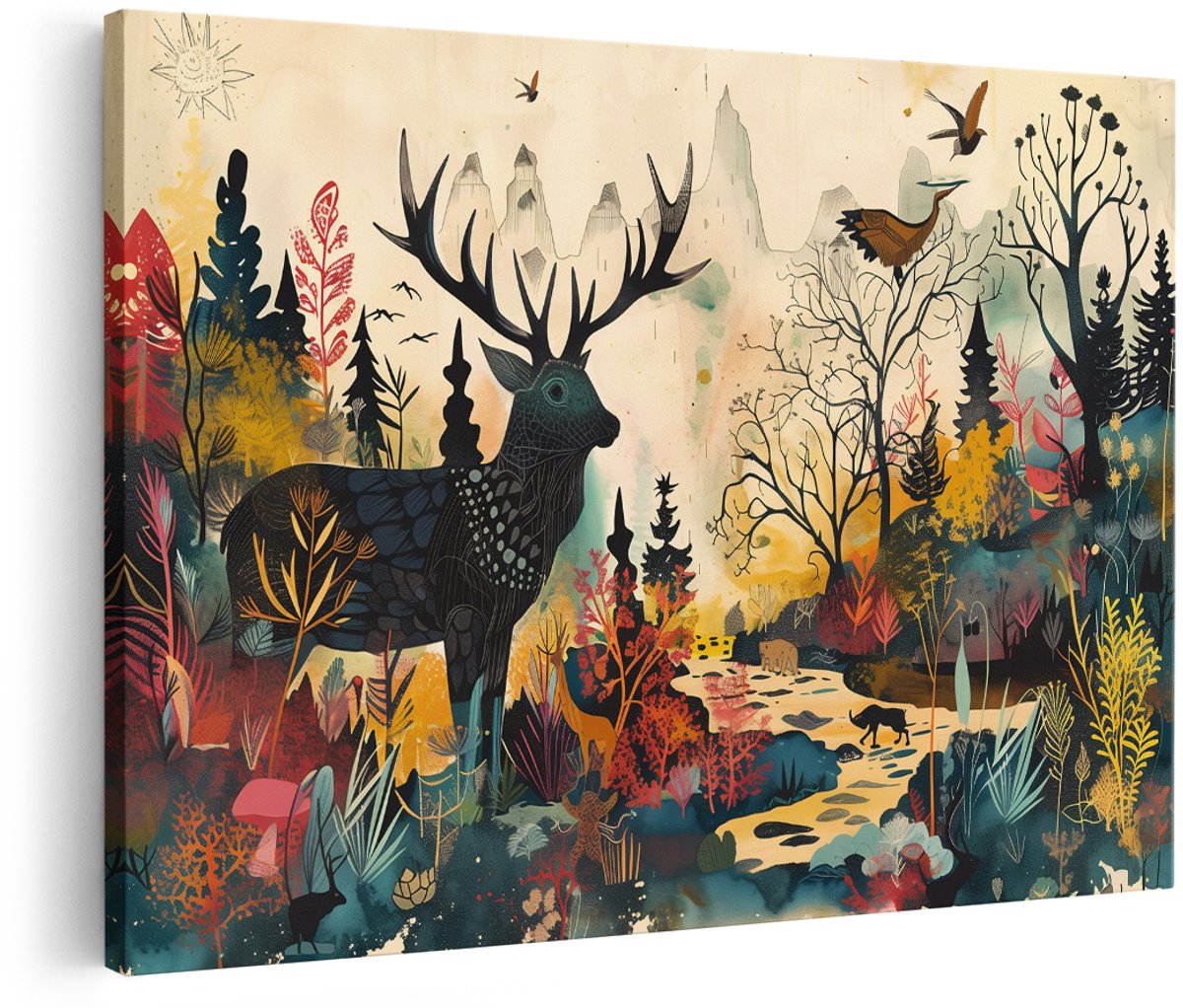 Artaza Canvas Schilderij Hert - 150x100 cm - Groot - Wanddecoratie Boslandschap - Muurdecoratie Vogels - Decoratie Natuur Kleurrijk