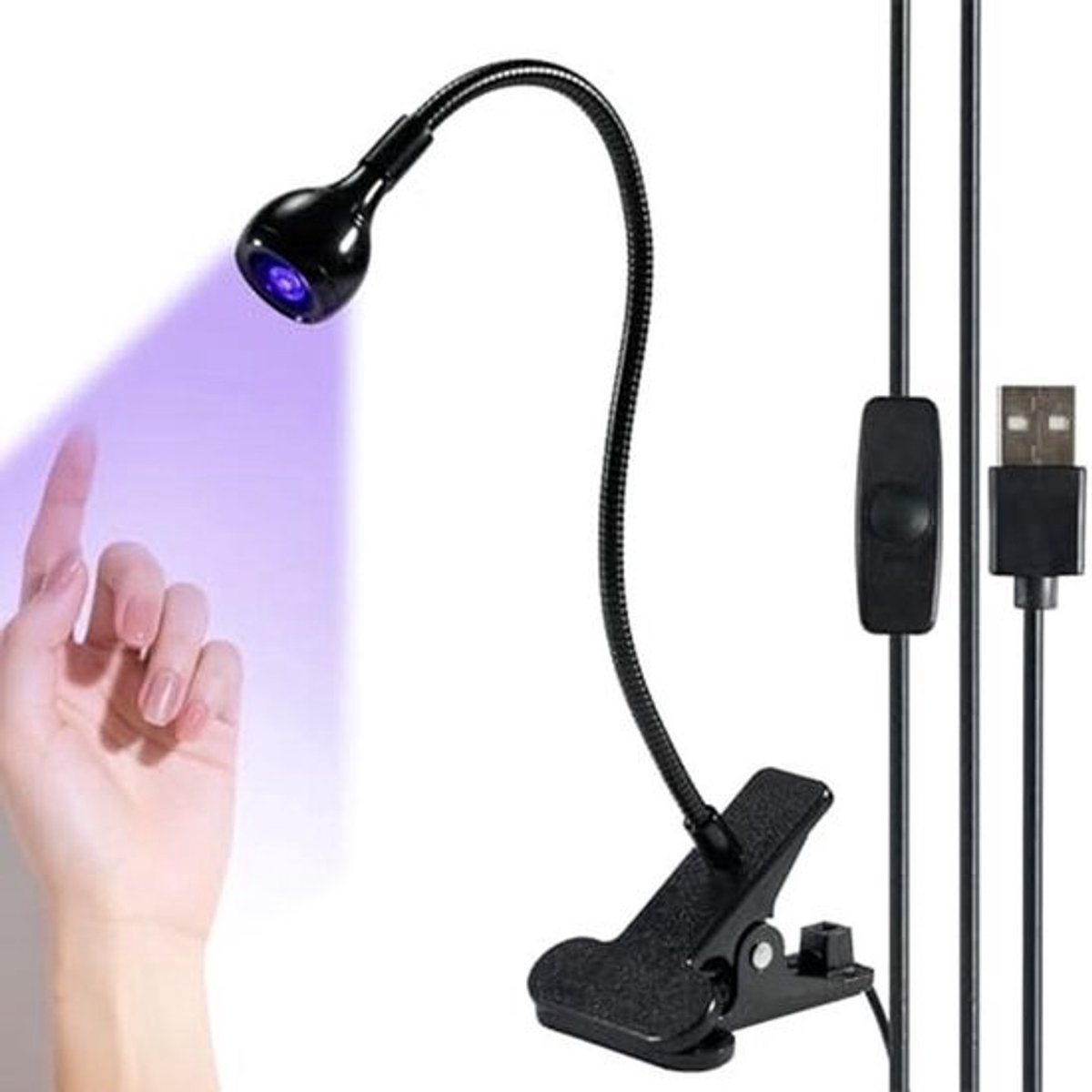 UV-lamp voor gelnagels, 3 W, uv-nagellamp, zwanenhals, led-nagellamp met 4 instelbare intensiteiten voor het uitharden van nagellak, mini-uv-lamp voor nagels met veiligheidsclip, zwart
