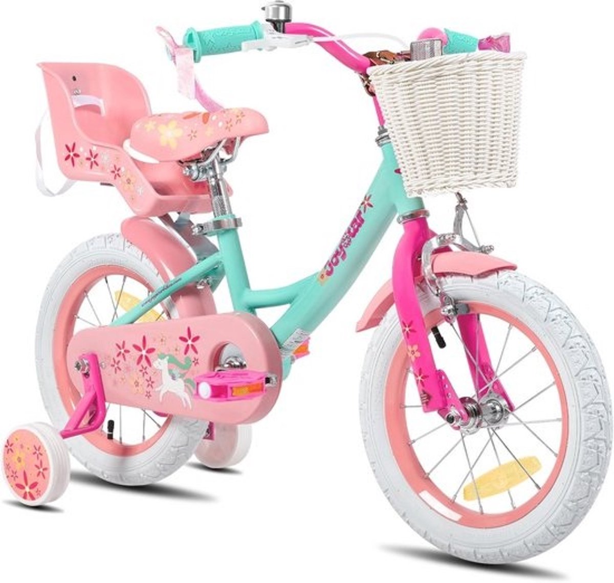 Unicorn kinderfiets 12/14/18 inch voor meisjes 3-9 jaar met poppenfietszitje, steunwielen en mandstreamer