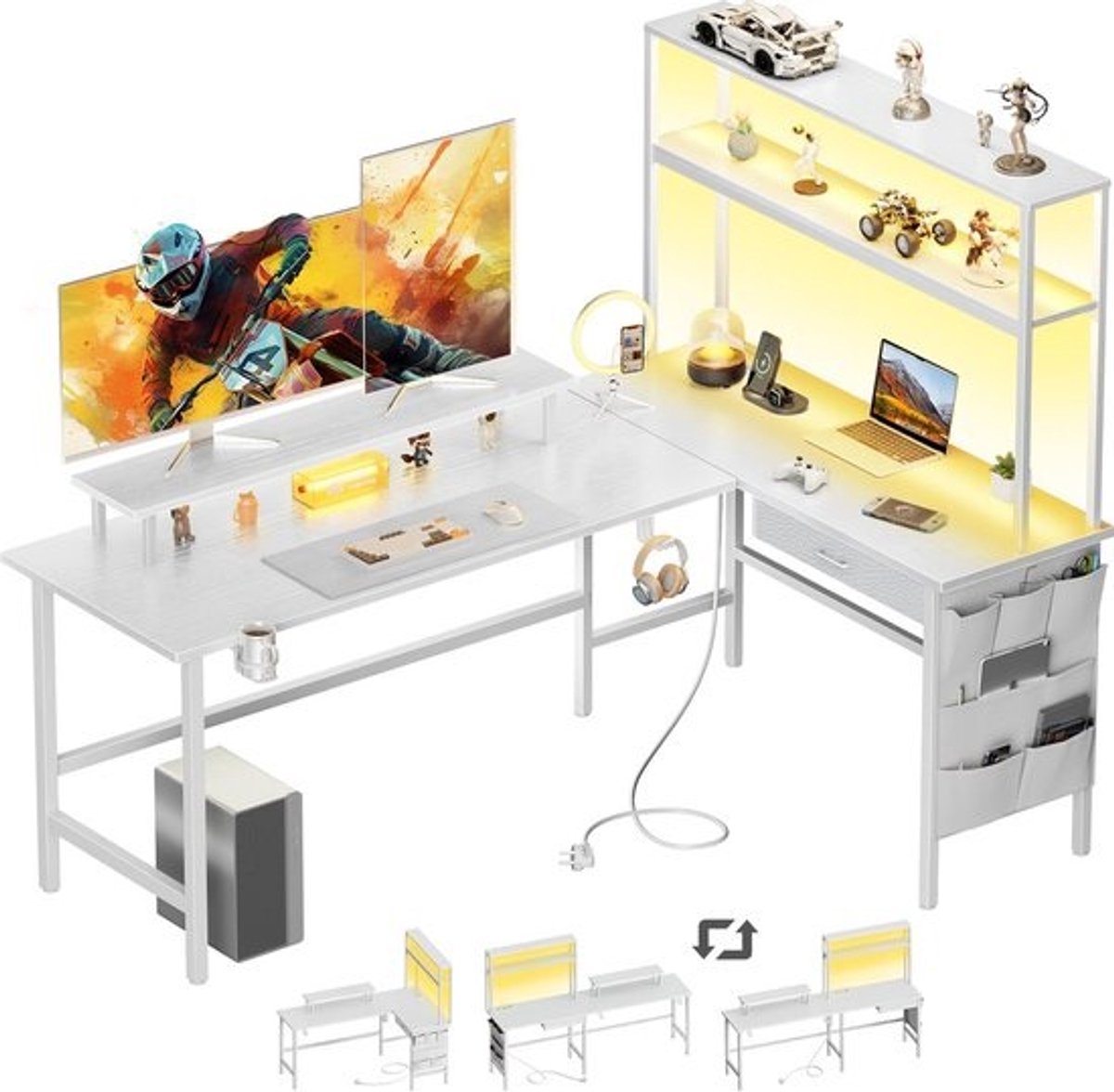 LED Gamingtafel Hoekbureau 170x100 cm met USB-poort en Opbergruimte