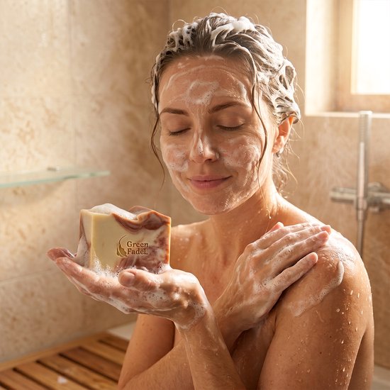 Een vrouw in de douche met de Marmeren Aleppo zeep van Green Fadel op haar hand.