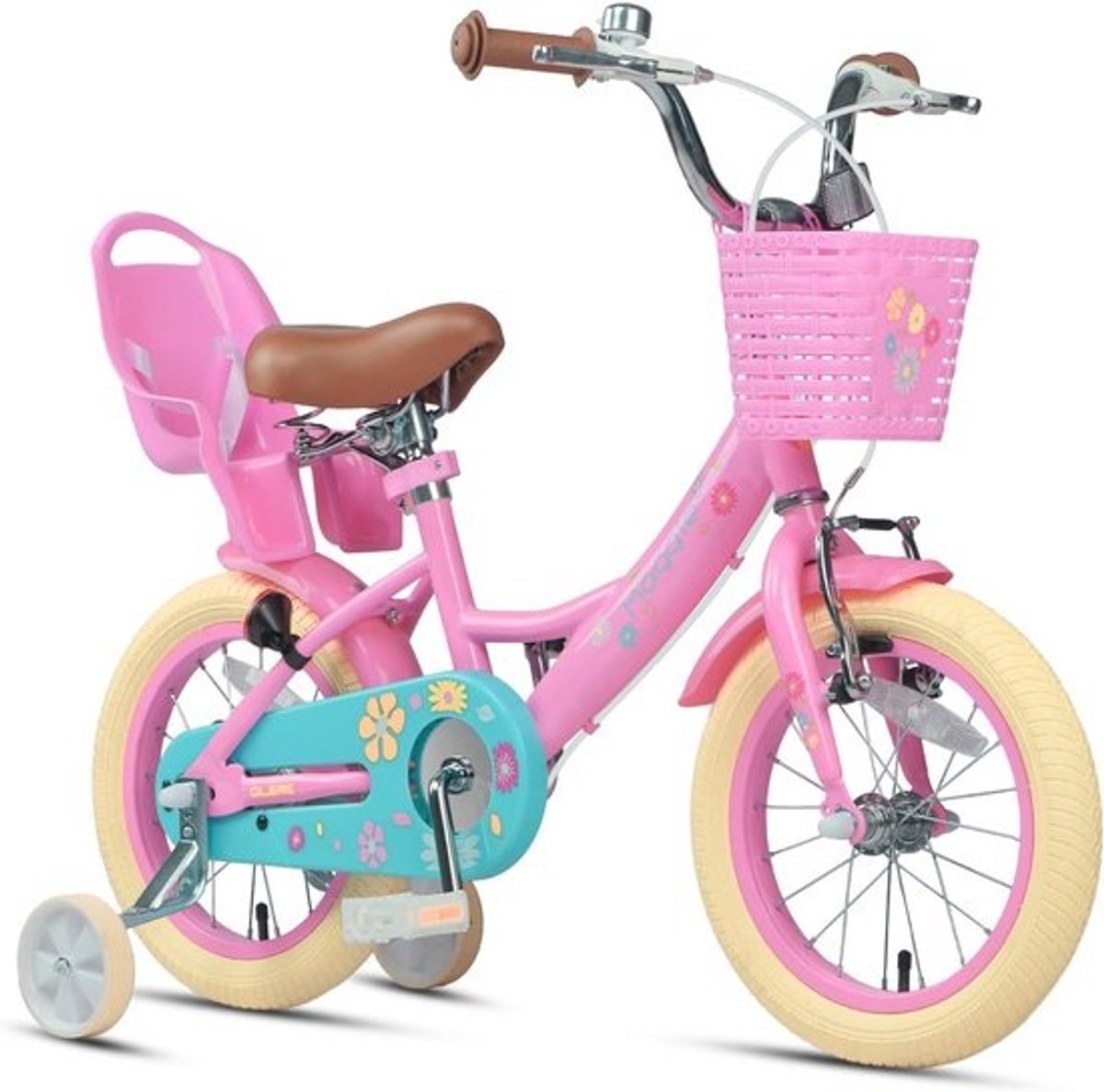 Meisjesfiets 12-20 inch met poppenzitje, mand en trainingswielen - voor kinderen van 2-13 jaar