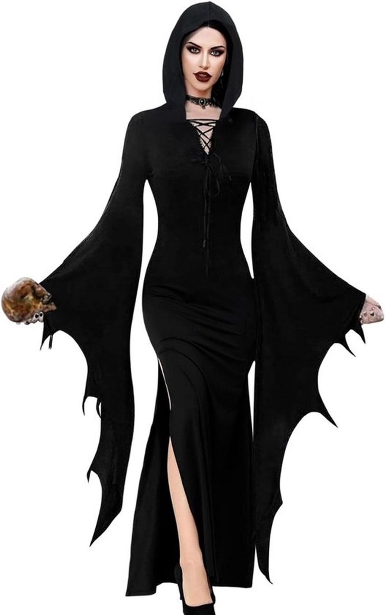 Damesjurk met Vleermuismouwen Zwart Gothic Cosplay Jurk voor Feest Carnaval