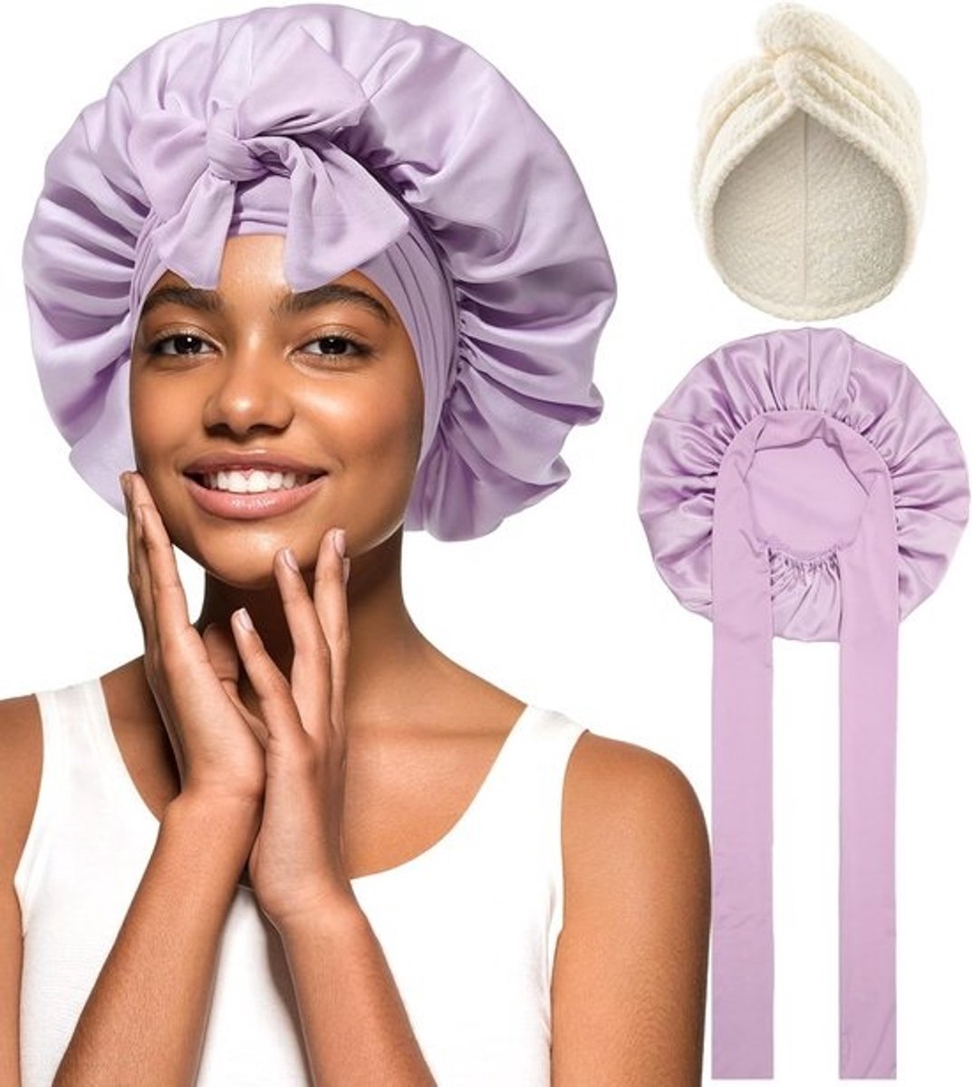 Nachtmuts voor krullend haar - Zijdeachtige microvezel handdoek en haarheadset voor snel drogen