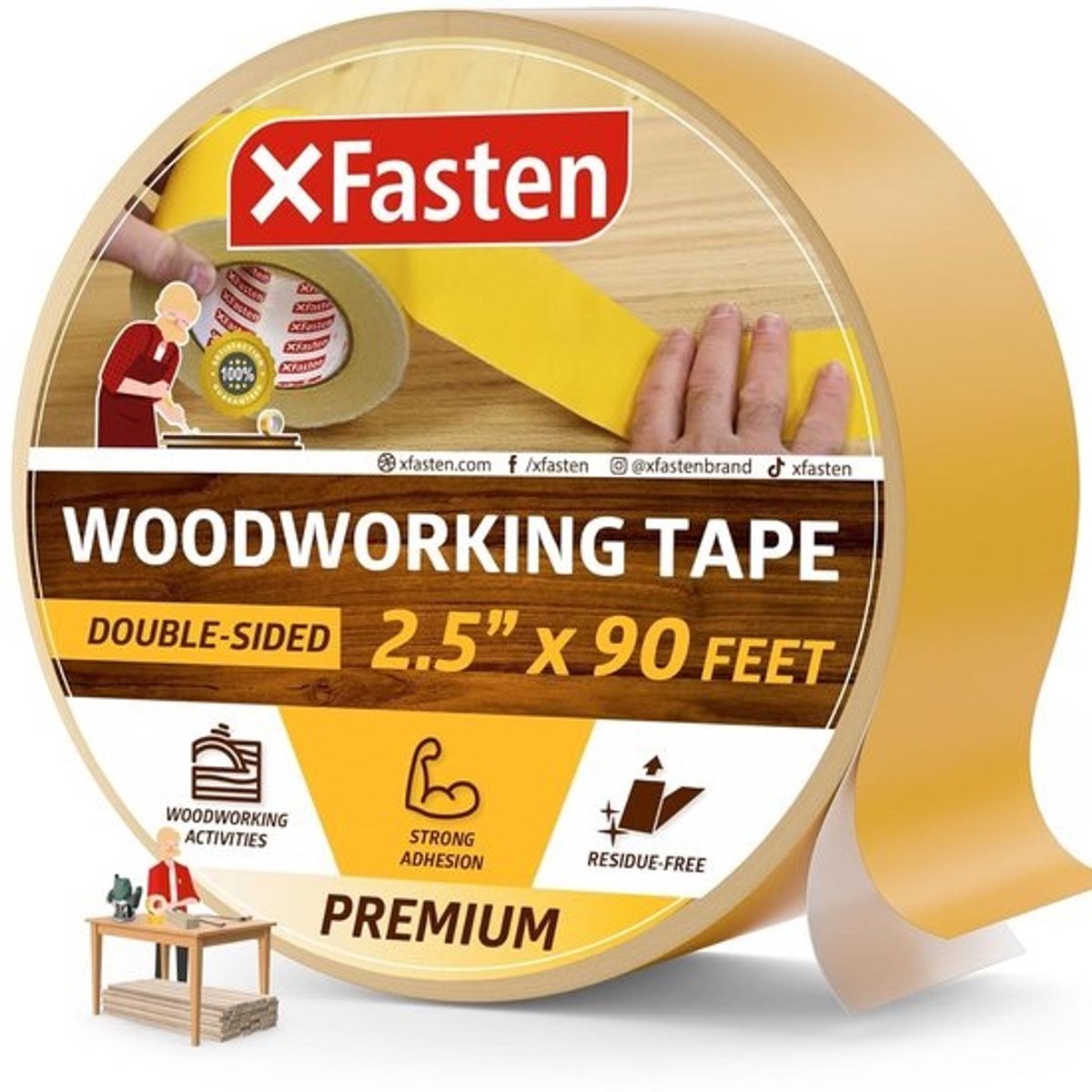 Dubbelzijdige Houtbewerking Tape 2,5" x 30 Yards met Gele Steun