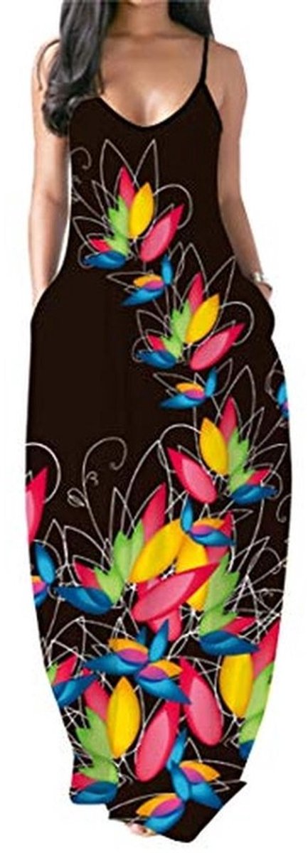 Zomerjurk voor Dames met Bloemen - Mouwloos Maxi-jurkje met Zak - Elegante Losse Lange Strandjurk
