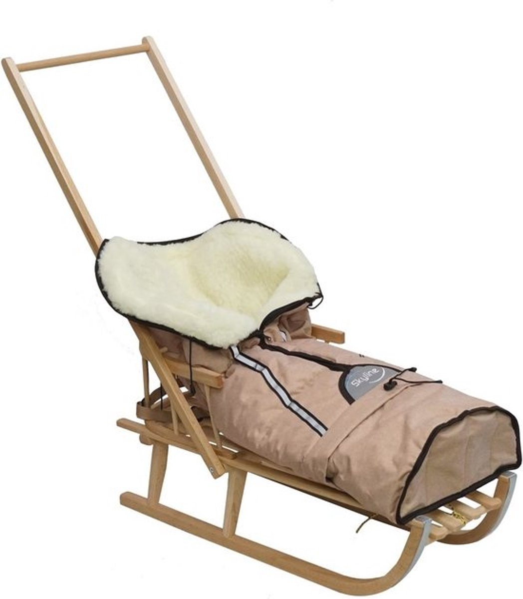 Houten slee met rugleuning en veiligheidsgordel voor kinderen