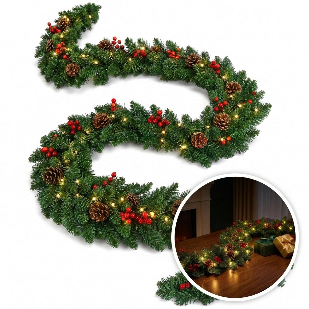 Premium Kerstslinger – Kunstkerst Guirlande 2,7 m met 50 LED lampjes – Verzwaarde & verbrede 320 takken – Versierd met rode bessen, dennenappels – Binnen & buiten – Voor open haard, trap, deur, kerstdecoratie