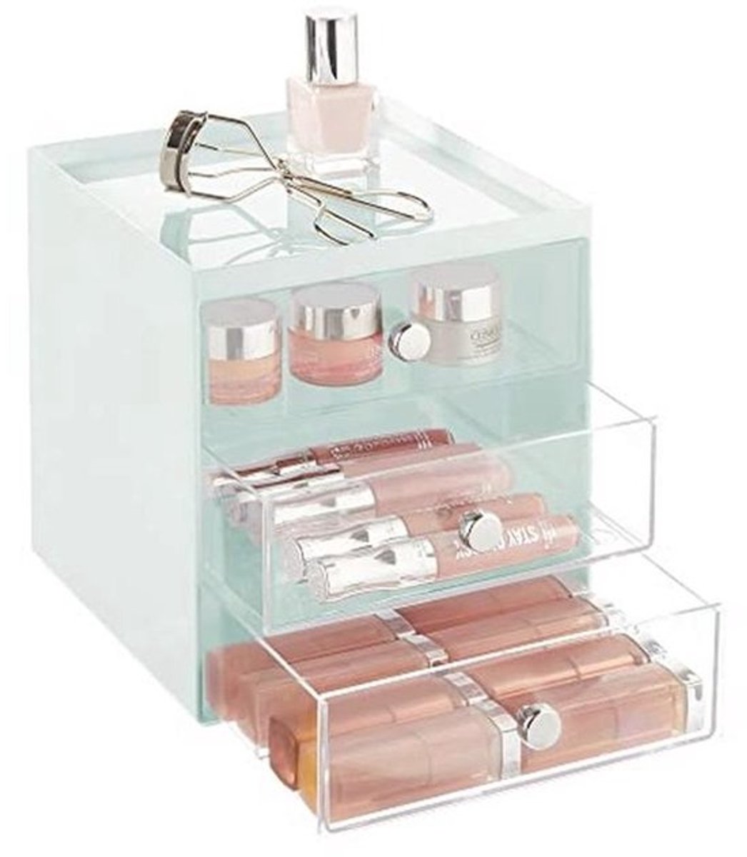 Makeup Organizer met 3 lades - Cosmetica Organizer voor Paletten en Borstels - Mintgroen/Transparant