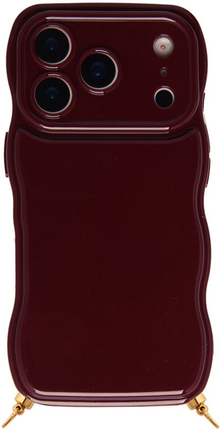 Coque bordeaux pour iPhone 17 Pro Max avec breloques dorées pour cordon et design ondulé.