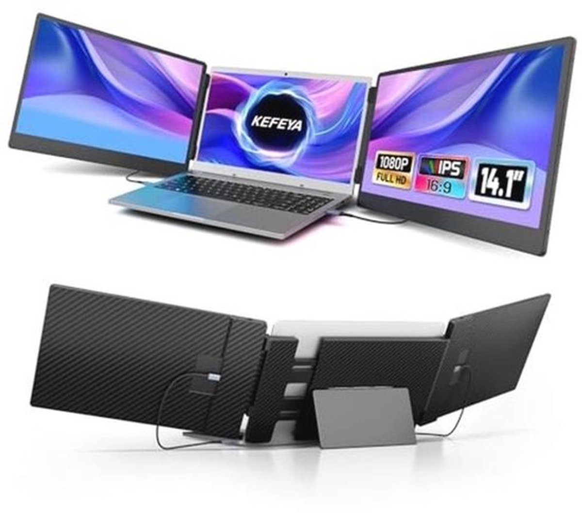 KEFEYA Draagbare monitor voor laptop 14,1 inch met stevige metalen kickstand, 1080P HD IPS laptop monitor plug and play voor Windows/Chrome/Mac/Switch/PS5