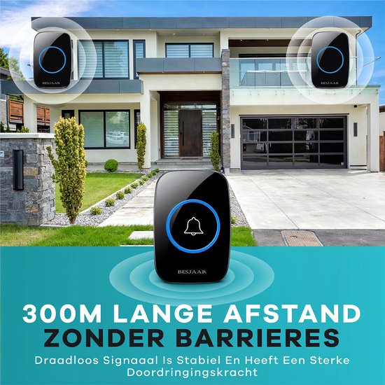 Besjaar Deurbel - Deurbel Draadloos - Draadloze Deurbel - Met 2 Ontvangers - Ontvangers Op Batterijen - Beldrukker - Inclusief Batterijen - IP44 Waterdicht - Zwart — afbeelding 3