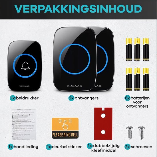 Besjaar Deurbel - Deurbel Draadloos - Draadloze Deurbel - Met 2 Ontvangers - Ontvangers Op Batterijen - Beldrukker - Inclusief Batterijen - IP44 Waterdicht - Zwart — afbeelding 2