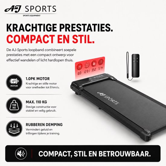 Zwarte AJ-Sports loopband met een 1.0PK motor en een digitaal display dat snelheid, tijd, afstand en calorieën weergeeft.